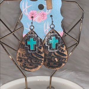 Leather and turquoise cross earrings